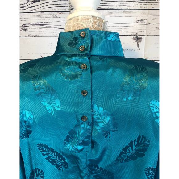 Vintage Nicola green folage blouse with high neck back button closing size 12 - Picture 8 of 10